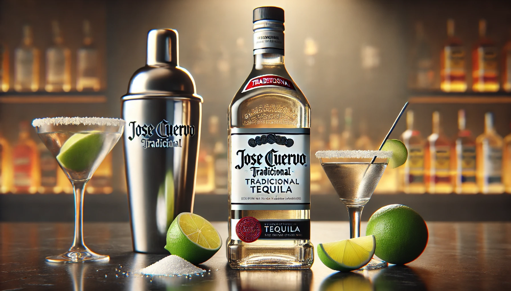 Пляшка текіли Jose Cuervo Tradicional Silver поряд з шейкером для коктейлів на чорному кам'яному столі, лаймові часточки та сіль.